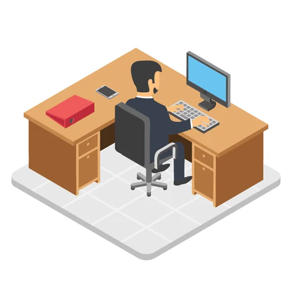 Employee Sitting Front Computer Workplace Icon — Stock Vector