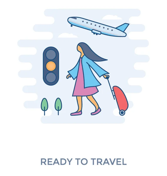 Mädchen Mit Gepäcktasche Und Flugzeug Bereit Für Die Reise — Stockvektor