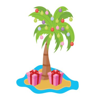 Palmiye ağacı Noel dekorasyon öğeleri ile dekore edilmiştir.