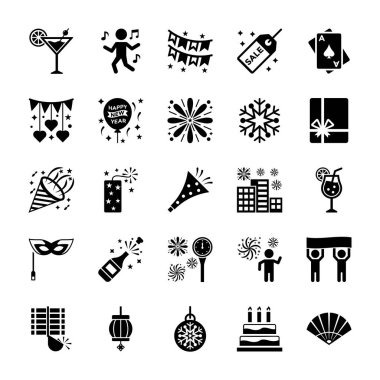 Bu, yaklaşan yeni yıl arifesinde kutlamak için çeşitli şekillerde gösteren Ayarla yeni yıl simgelerin bir paketidir. Bir yaratıcı ve neşeli paket meyve suyu, margarita, parti dans, dansçı, çelenk ve çok daha fazlası hevesli simgelerle dolu, paketi tutun ve