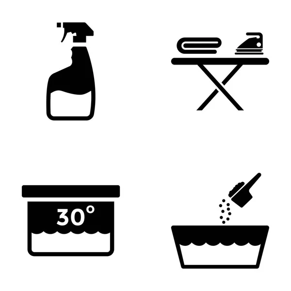 このセットには 要素のグリフ アイコンが含まれます ここで洗剤 折りたたんだ生地 アイロン スタンド ドライ クリーニング ハンドバッグ — ストックベクタ