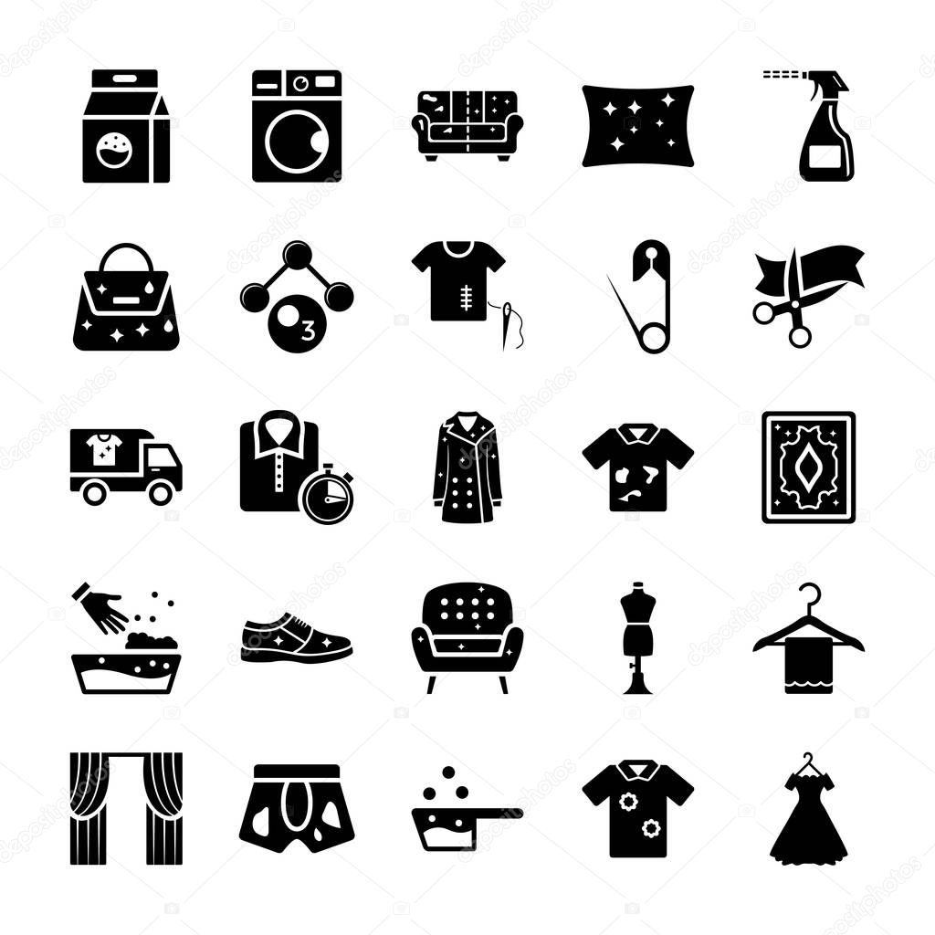 This set encompasses dry cleaning solid icons pack. Here we have icons related to detergent, folded fabric, ironing stand, dry cleaning, handbag, shoe, socks, pant, couch and many more related icn. Just grab these icons and entice customers of your 