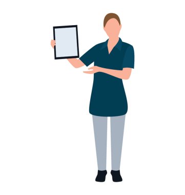 Tablet düz simgesi tasarım teknoloji uzmanı, tutan kadın