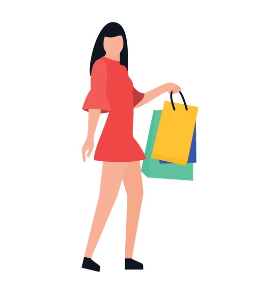 Shopping Fille Avec Sacs Provisions Design Icône Plat Temps Libre — Image vectorielle