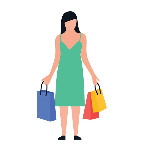 Shopping Girl Mit Einkaufstaschen Flache Ikone Design Freizeit — Stockvektor