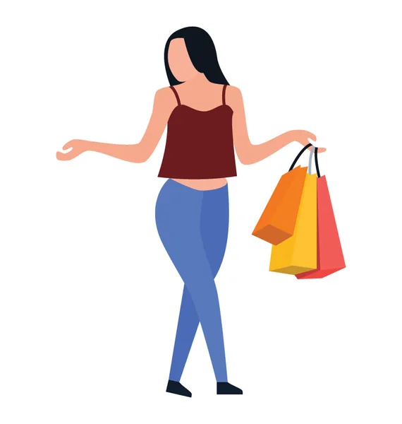 购物女孩与购物袋平面图标设计 休闲时间 — 图库矢量图片