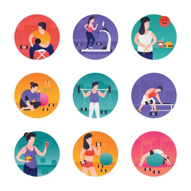 Mükemmel bir set önemli ve vurmak bireylerin sağlık ve egzersiz rutin ile birlikte gol olan fitness ve spa vektörel çizimler. Spa ve fitness bu renkli resimler kullanarak projelerinizi yapısı için mükemmel