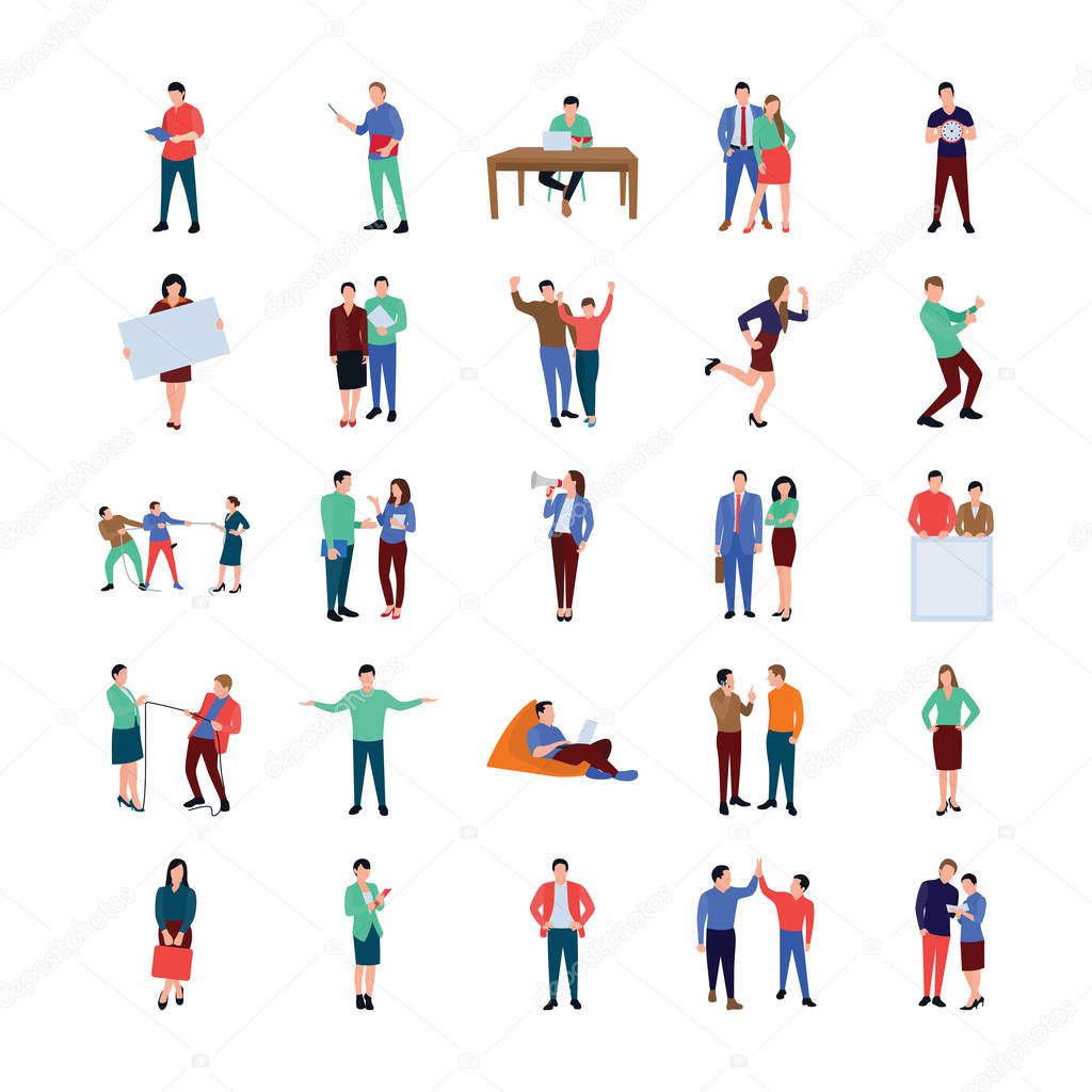 For working together and building belief in oneself here we have co working people flat icons pack. The creativity of this pack attracts the viewer's to hold and use in related field. 