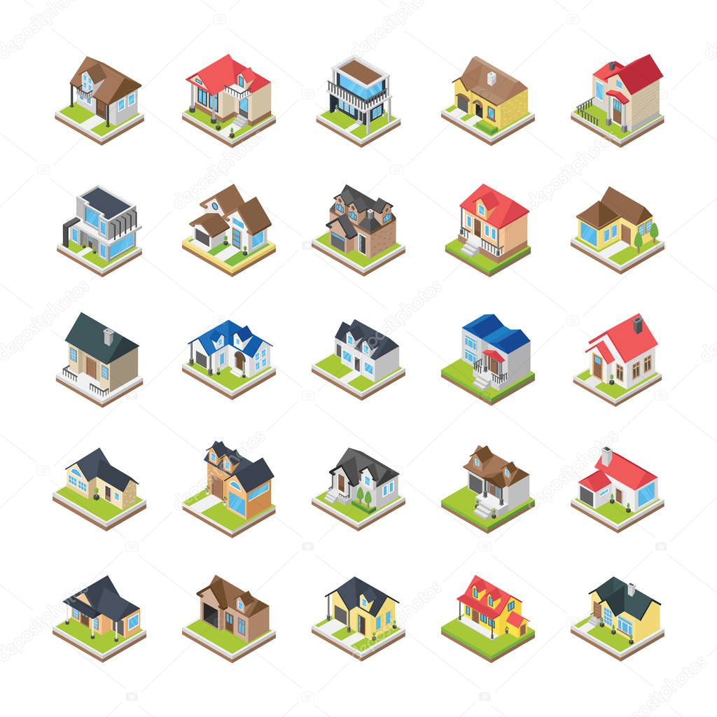 Here comes a pack of houses buildings designed exquisitely representing architectures and  buildings in form of isometric vectors. The pack is created in a way you can edit, modify and resize its icons as per requirement, Hold this pack for lavishin