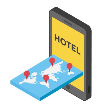 Otel konumu izometrik simgesi tasarım, çevrimiçi gezinti