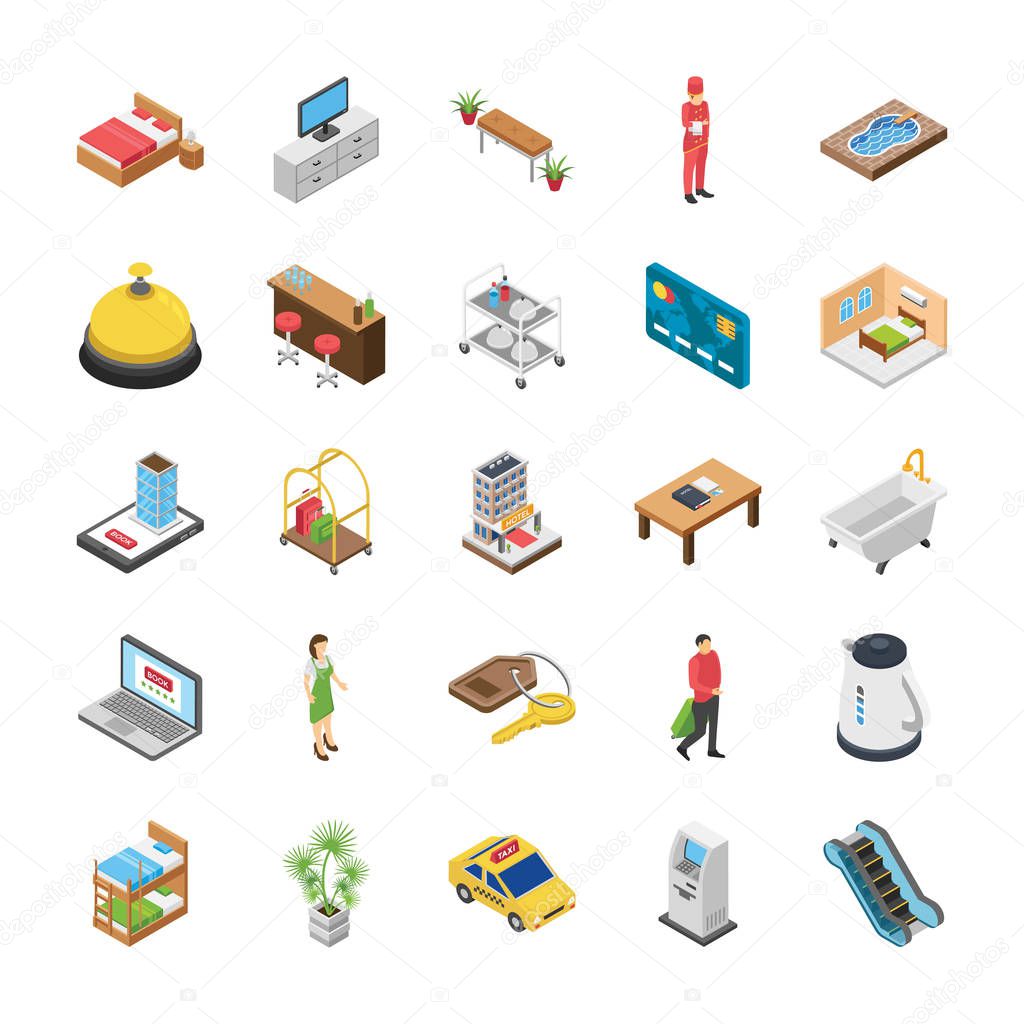 This is hotel isometric icons pack to show importance of recreation and rest in your life. These creative icons can be used in project designing, graphic design, hotel logo, and so on. Grab and use these creative icons in your field.  