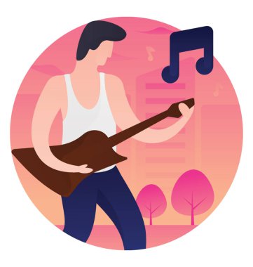 Düz yuvarlak vektör gitarist.