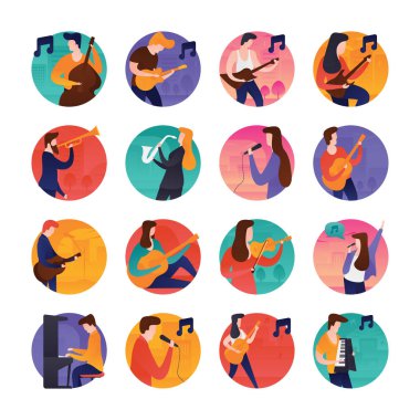 Eğlenceli düz yuvarlak simgeler müzik ve müzisyenler burada çeşitli karakterler faaliyetleri için showcast medya eylemler gerçekleştirme gösteren ilgili. Simgeler yakaladı sinematografi ve filmatography kullanılmak üzere projeleri ile ilgili. 