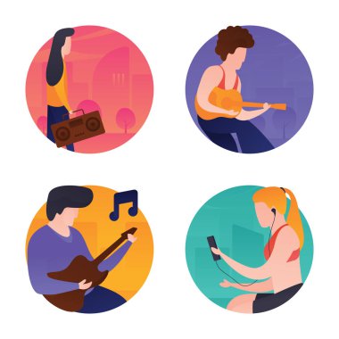 Eğlenceli düz yuvarlak simgeler müzik ve müzisyenler burada çeşitli karakterler faaliyetleri için showcast medya eylemler gerçekleştirme gösteren ilgili. Simgeler yakaladı sinematografi ve filmatography kullanılmak üzere projeleri ile ilgili. 