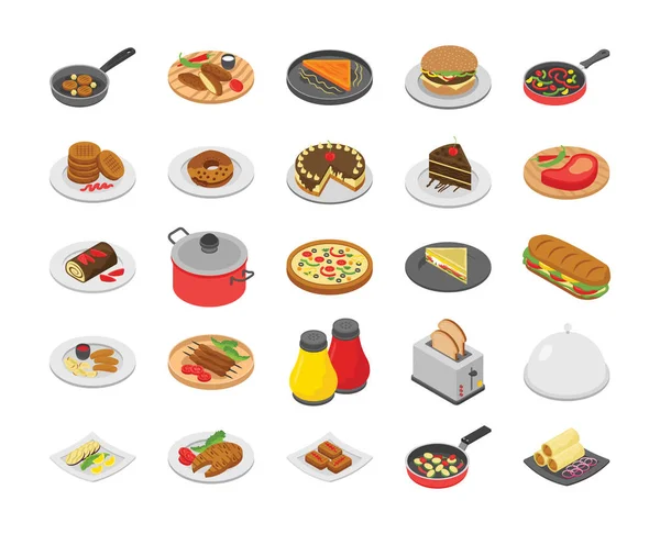 Este Paquete Iconos Planos Cocina Este Conjunto Compone Deliciosos Picantes — Vector de stock