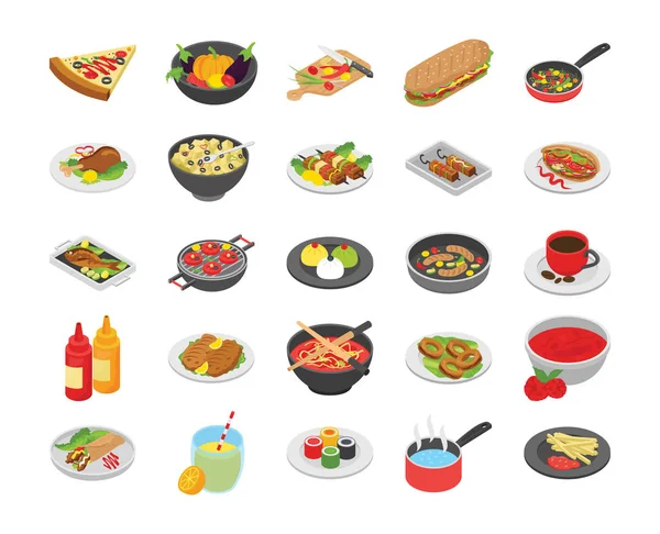 Este Paquete Iconos Planos Cocina Este Conjunto Compone Deliciosos Picantes — Vector de stock