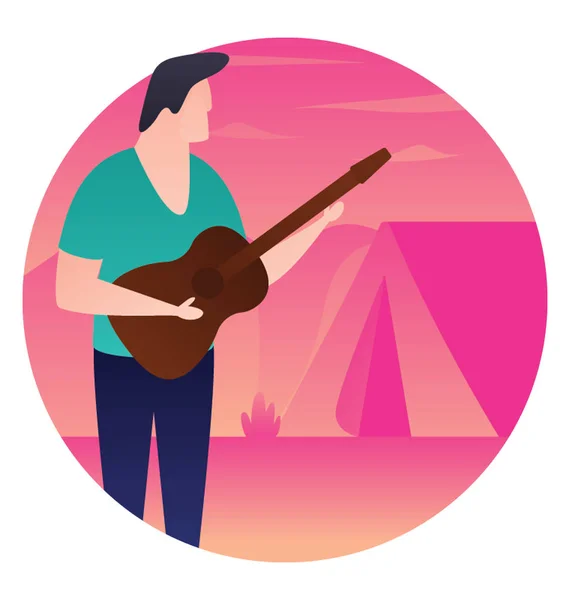 Flat Rounded Icon Camping Guitarist — Stock Vector