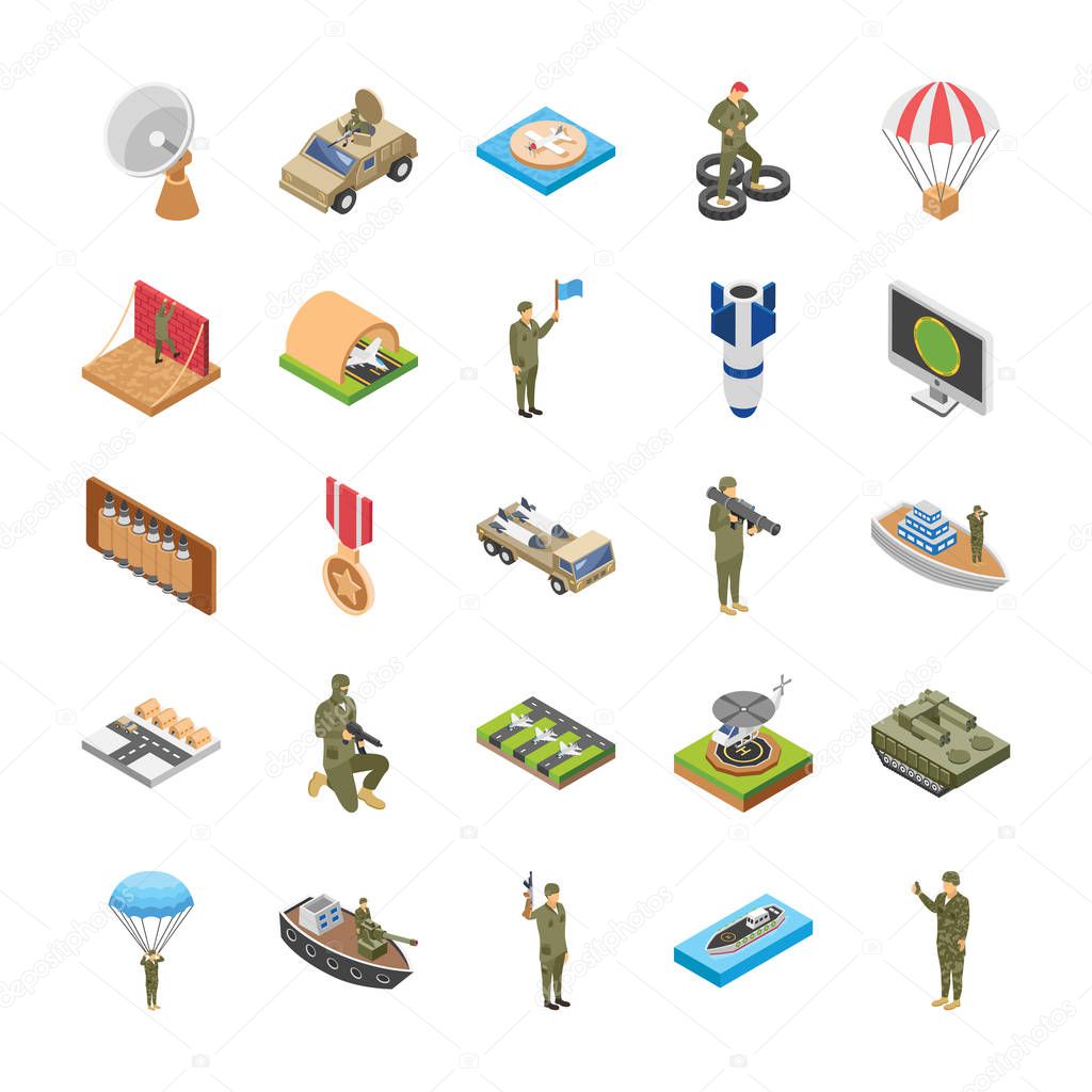 This is a isometric icons of military special forces army. When the project demands imperative functions associated with army and military force then this is a perfect set of elements to be used to make your assignment more effective. 
