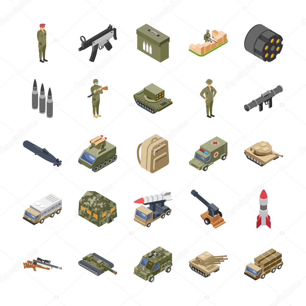 This is a isometric icons of military special forces army. When the project demands imperative functions associated with army and military force then this is a perfect set of elements to be used to make your assignment more effective. 