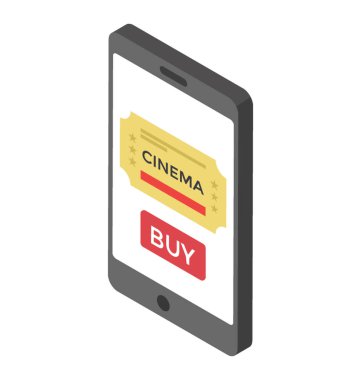 Online bilet rezervasyon, sinema bileti, izometrik vektör simgesi