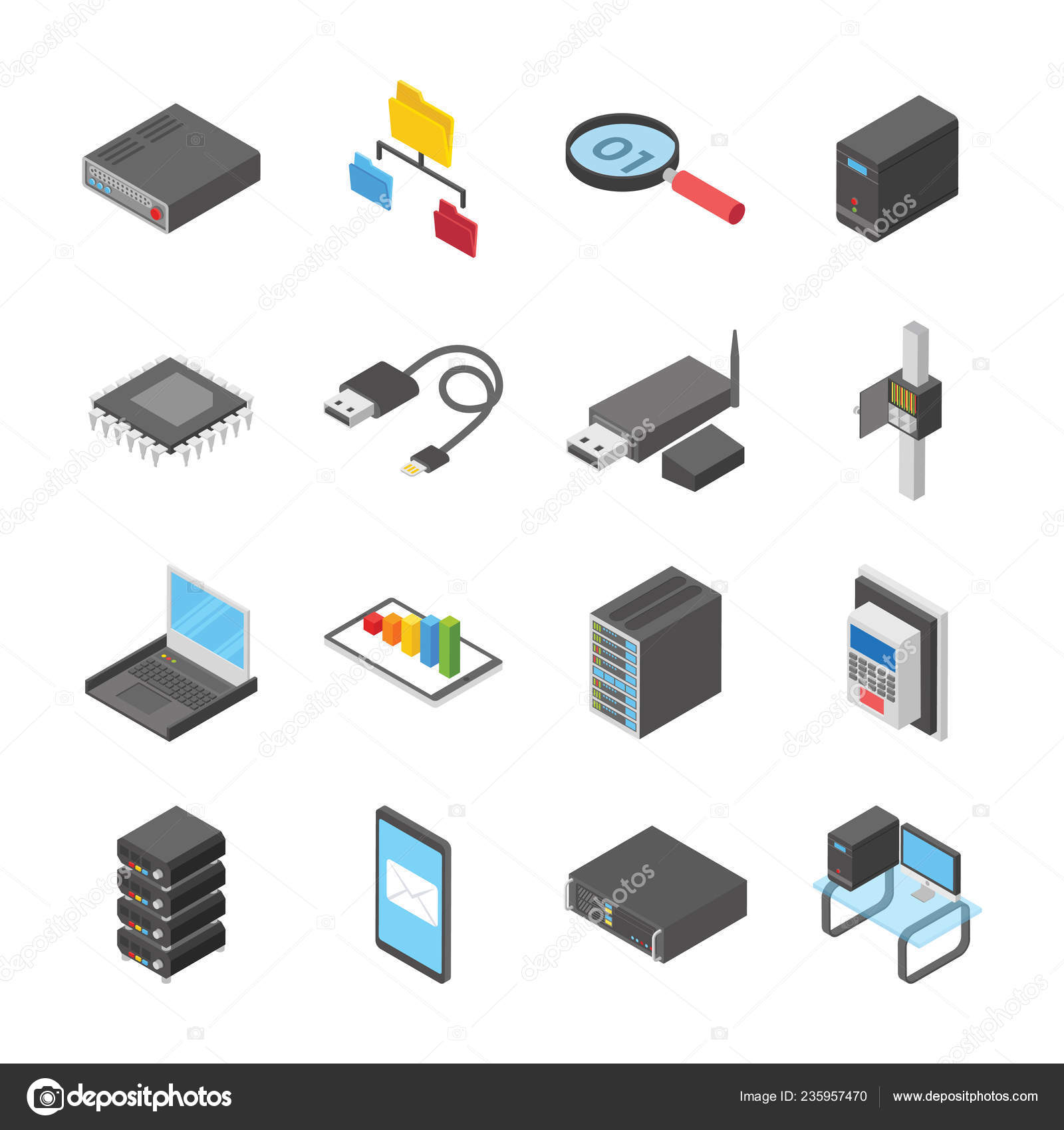 네트워크 데이터 센터와 아이콘의 아이소메트릭 아이콘 광범위 데이터 서버를 데이터베이스 스톡 벡터 - ©vectorsmarket  235957470
