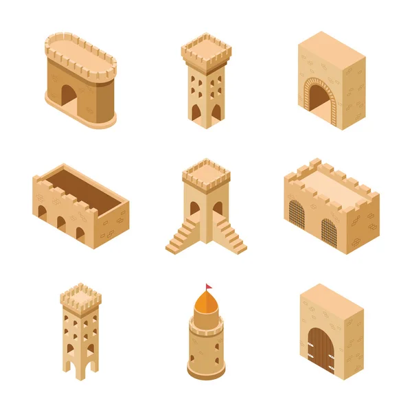 Este Paquete Elementos Del Castillo Medieval Tiene Varios Iconos Que — Archivo Imágenes Vectoriales