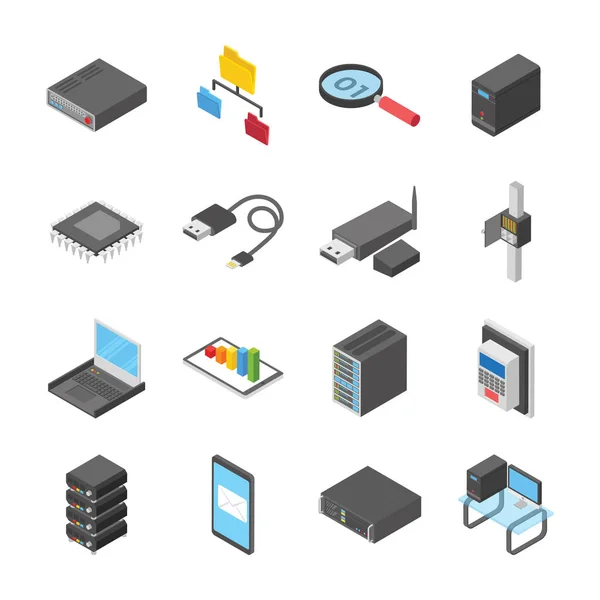 Een Gekleurde Isometrisch Icons Set Van Netwerk Datacenter Met Alle — Stockvector