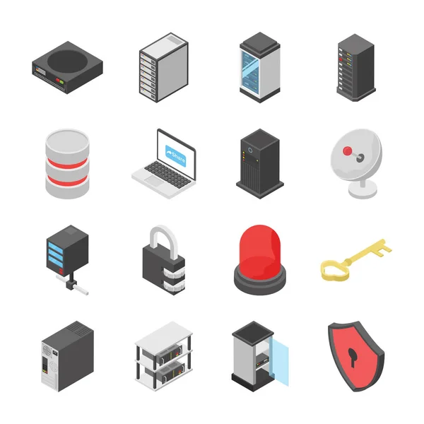 Set Icone Isometriche Colorate Rete Data Center Con Tutte Icone — Vettoriale Stock