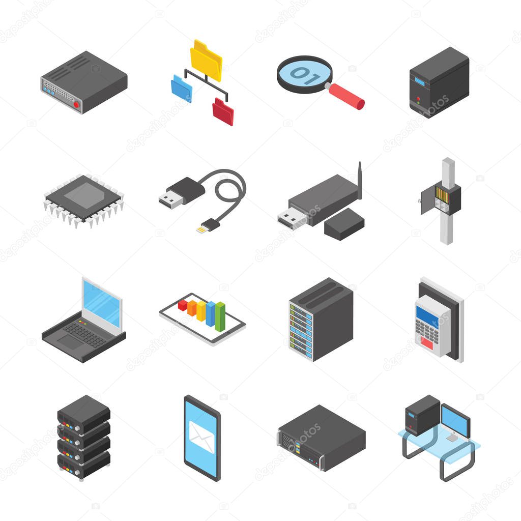 A colored isometric icons set of network and data center with all related icons. A wide range including data server, database and other elements are part of this pack which makes it worth grabbing. 