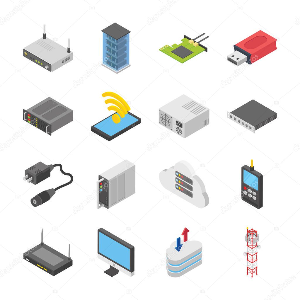 A colored isometric icons set of network and data center with all related icons. A wide range including data server, database and other elements are part of this pack which makes it worth grabbing. 