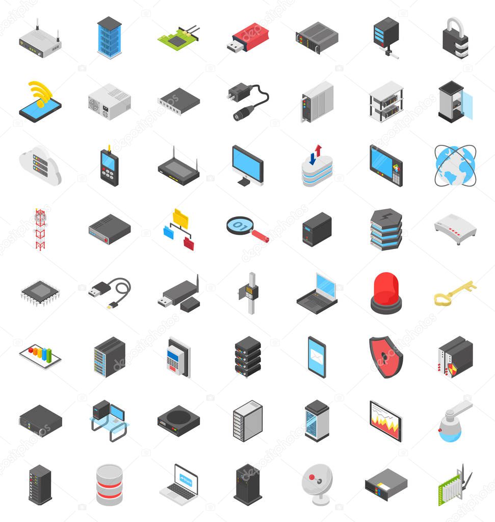 This is colored outline set of isometric network, data center and connection devices icons, pack consists of 60 icons in total. The set encompasses wide range of network, data center and  connection devices elements which make business related packs