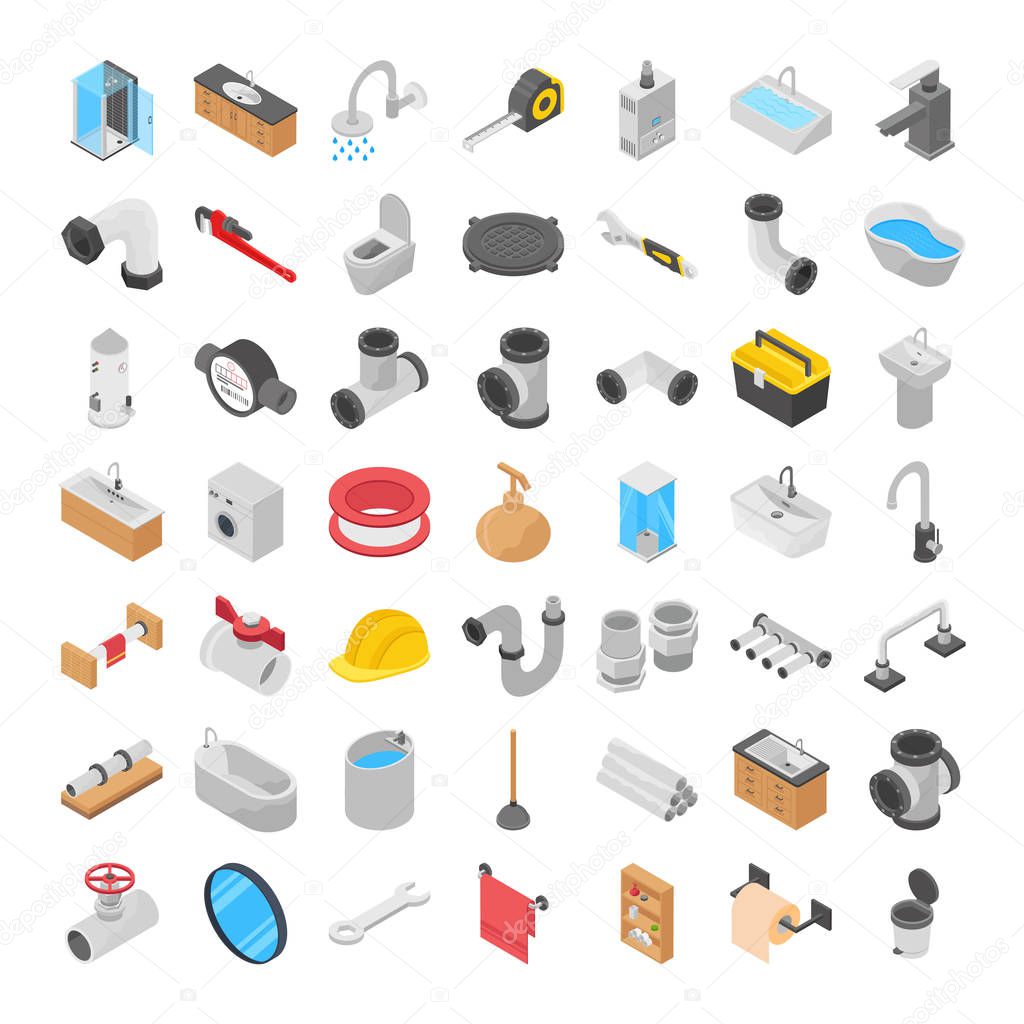 To maintain house, offices and hotels, here is 50 colourful plumber isometric icons pack. These icons are appropriate in graphic designing, household maintenance, plumbing services, template making and much more. 