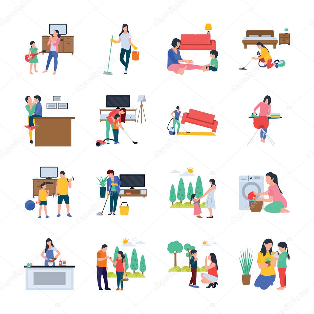 This is family, housewife, family walking outdoor flat icons pack. You can use this set as graphic designing, template making, housekeeping services, and much more. Grab to show neverending effects on your clients. 