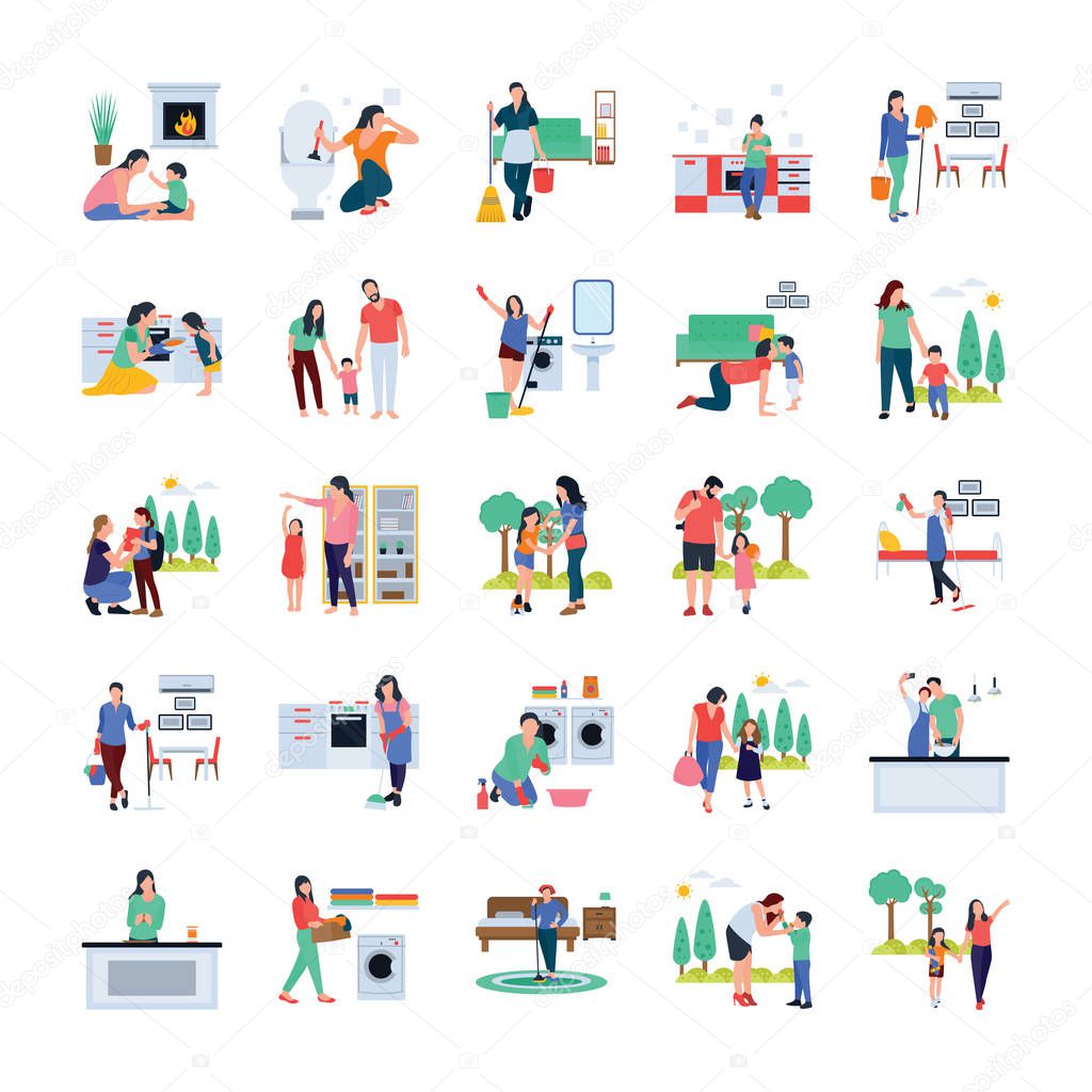 This is family, housewife, family walking outdoor flat icons pack. You can use this set as graphic designing, template making, housekeeping services, and much more. Grab to show neverending effects on your clients. 