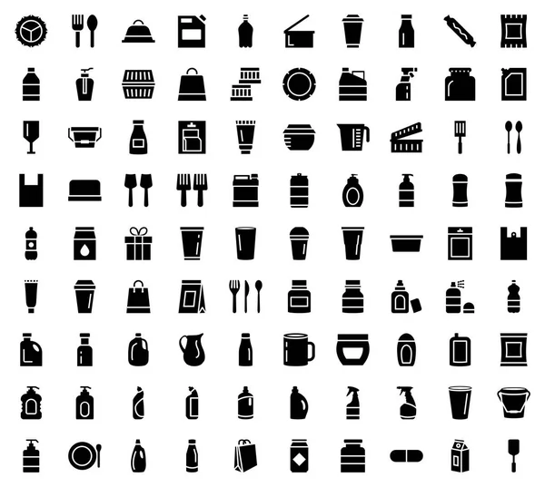 Feel Free Because Here Packaging Disposable Tableware Glyph Vectors Pack — Stock Vector