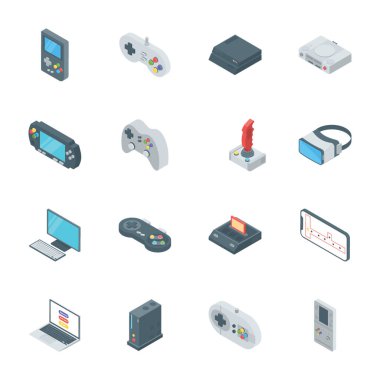 Oyun gadget'lar izometrik vektör tasarımları oyunları ve aksesuarları tasarım ve projeleri yapmak oyun içinde kullanılmak üzere düzenlenebilir görsel simgelerdir. 