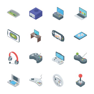 Oyun gadget'lar izometrik vektör tasarımları oyunları ve aksesuarları tasarım ve projeleri yapmak oyun içinde kullanılmak üzere düzenlenebilir görsel simgelerdir. 