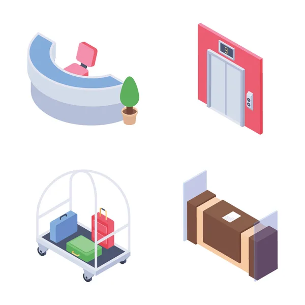 Los Iconos Isométricos Viajes Hoteles Están Diseñados Creativamente Para Ser — Vector de stock