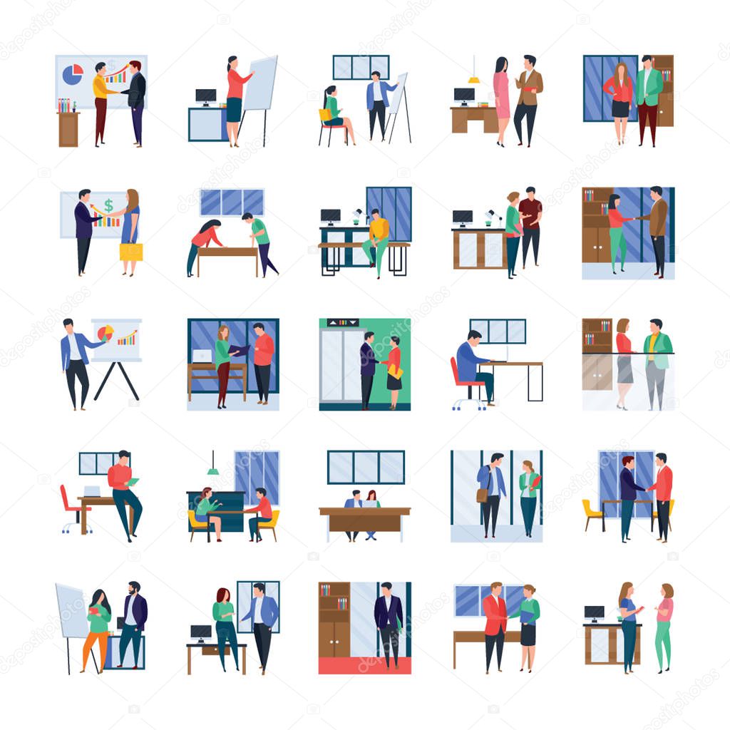 Here is business meetings, discussions, work in progress, flat illustrations set. Amenable visuals are helpful in many fields consequently, you have chance to use in relevant department. 
