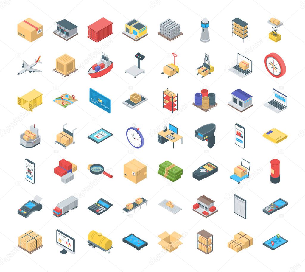 These are isometric icons on the theme of logistics. Shipping and delivery have become common and popular with the rise of e-commerce concept. This pack has wide range of isometric  icons to accommodate logistics, delivery, packaging and shipping 