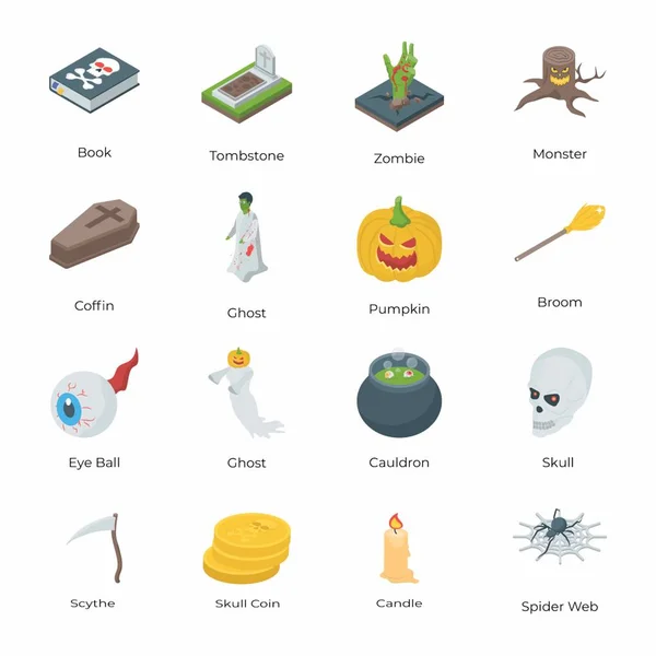 Paquete Iconos Isométricos Halloween — Vector de stock