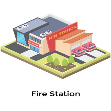 İsometrik tasarımda itfaiye istasyonu vektörü 