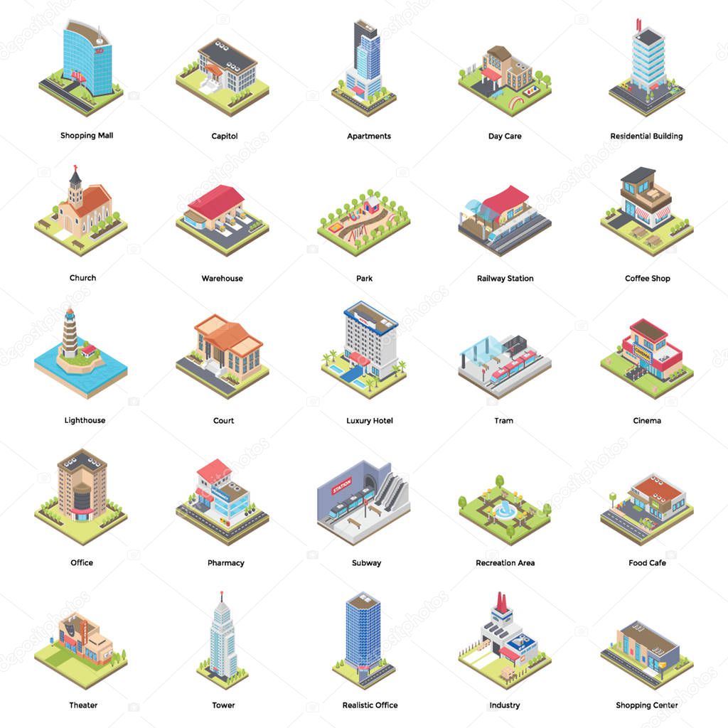 Buildings Isometric Icons Set