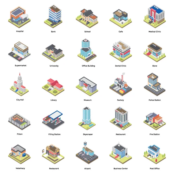 Edificios Iconos Isométricos Pack — Vector de stock