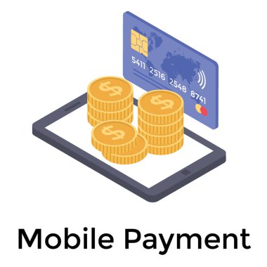 Izometrik tasarımda mobil ödeme simgesi.