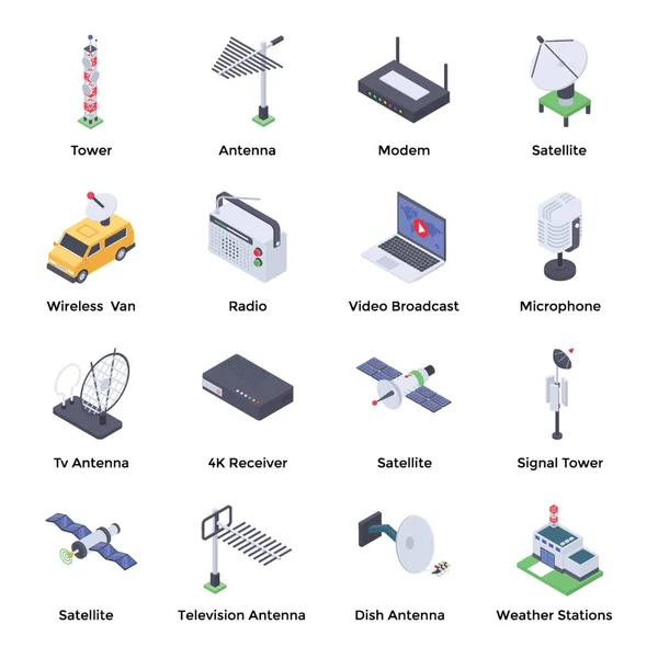 Paquete Iconos Isométricos Telecomunicaciones — Archivo Imágenes Vectoriales