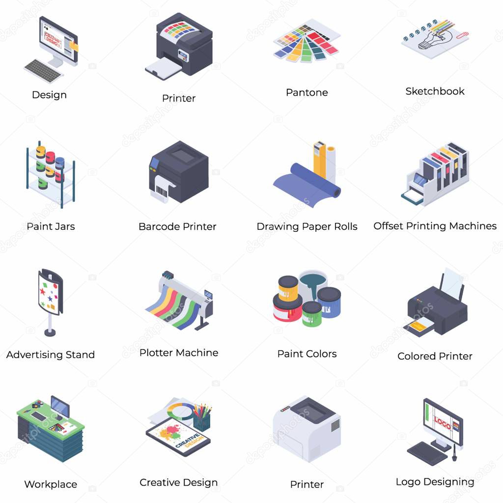 Printing And Graphic Designing Isometric Icons 