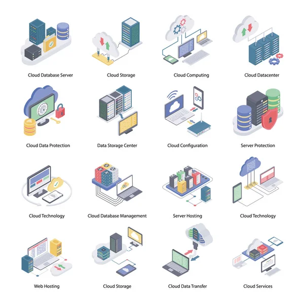 Cloud Service Iconos Isométricos — Vector de stock