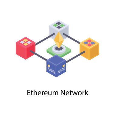 Izometrik tasarımda ethereum ağının vektör illüstrasyonu 