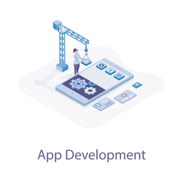 Illustrazione Isometrica Dello Sviluppo App Mobili — Vettoriale Stock